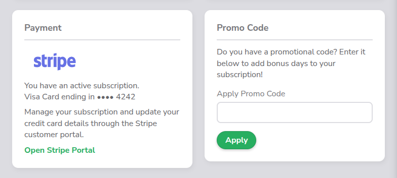 Screenshot of the promo code form on the Subscription page Screenshot of the promo code form on the Subscription page