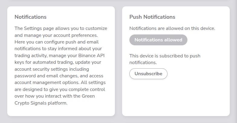 Screenshot of the Push Notifications setup on the Settings page Screenshot of the Push Notifications setup on the Settings page