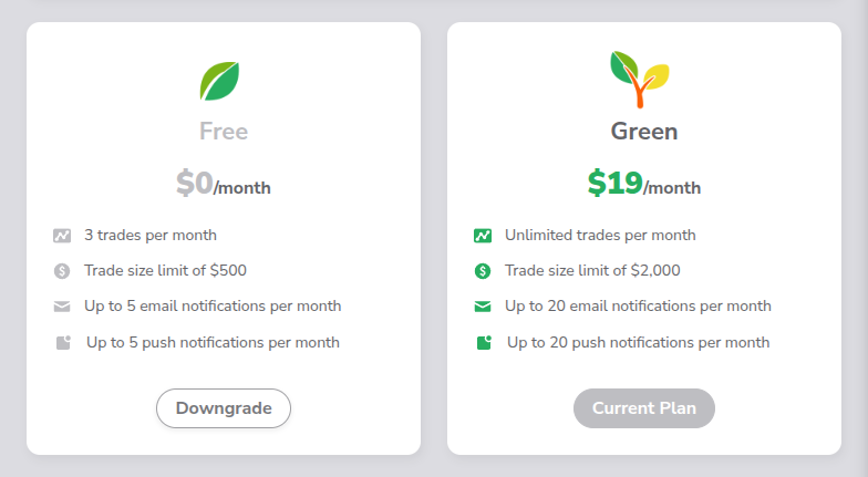 Screenshot of the Subscription page with plan comparison Screenshot of the Subscription page with plan comparison